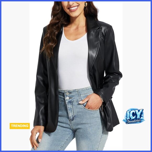 Faux Leather Blazer Jacket Oversized Moto Biker Coat Vegan Pleather